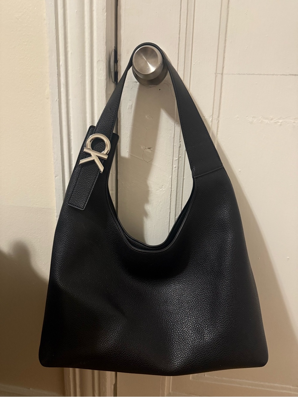 Calvin Klein Black Pebbled Leather Shoulder Bag with Silver CK Charm